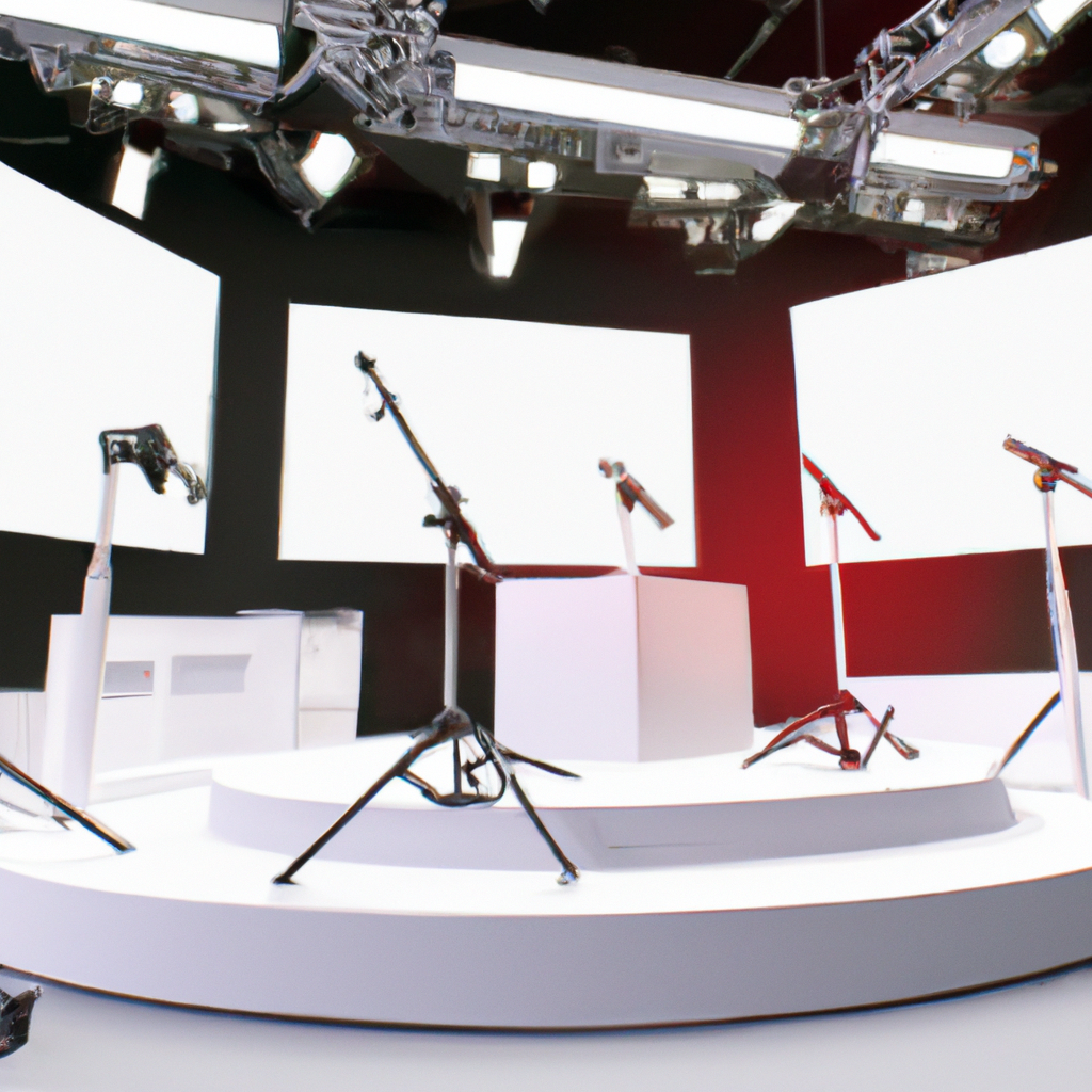 Minimalist light news studio with cameras and LED wall